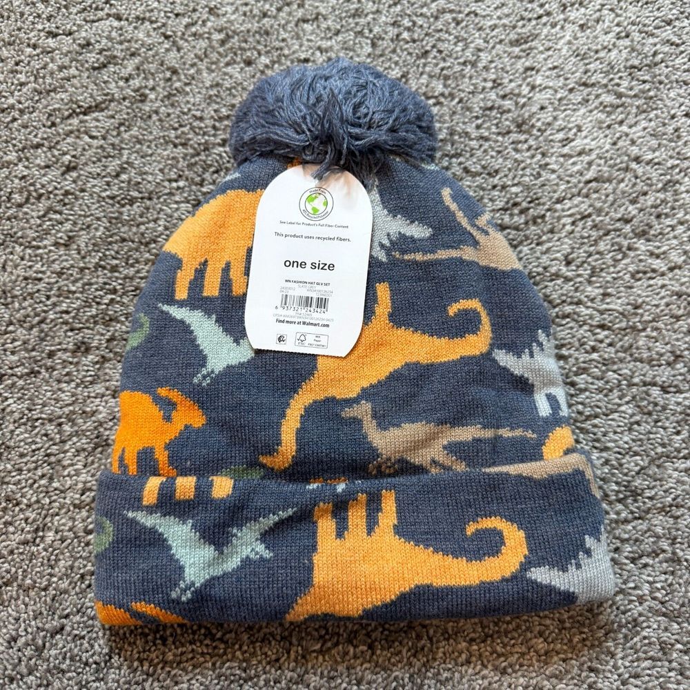 Wonder Nation Baby Toddler Beanie Hat & Glove Set One Size Dinosaur NWT‎ Fleece